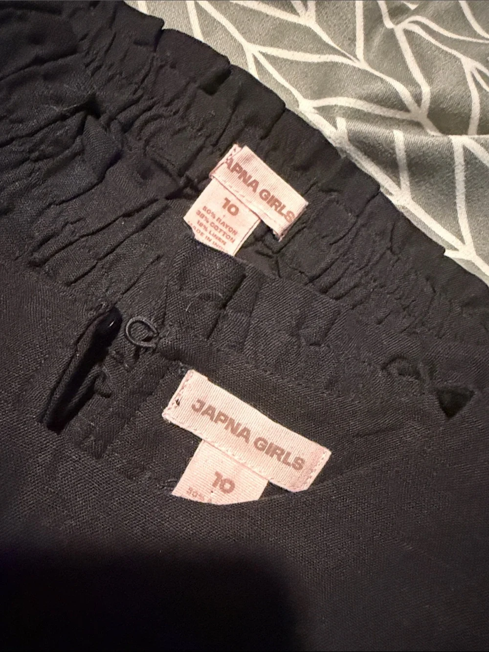 NWT Japna Girls Linen Black Two-Piece Shorts Set with Cream Trim